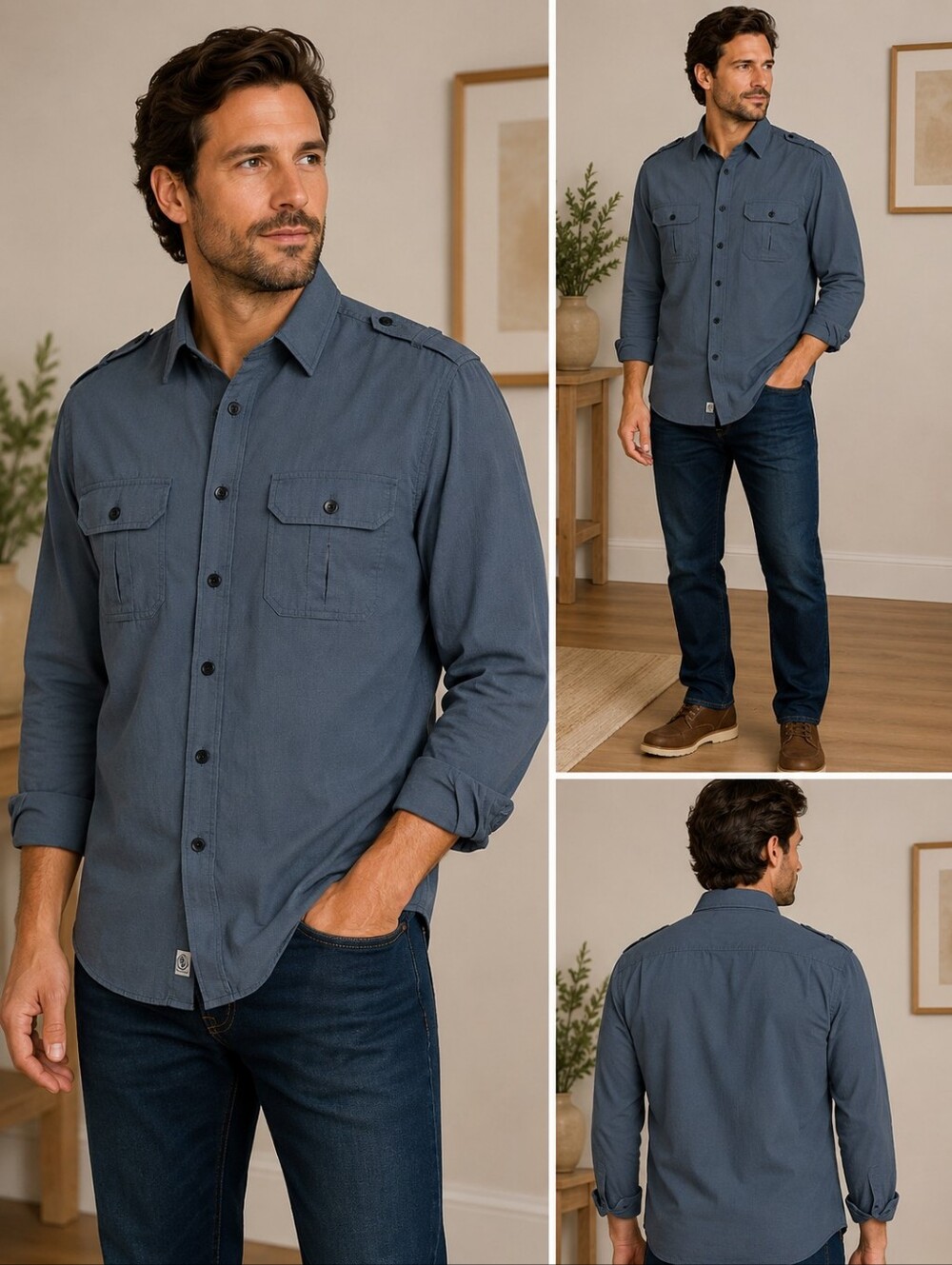 Aigle Blue Button Down Shirt Long Sleeve Utility Workwear 100% Cotton Large